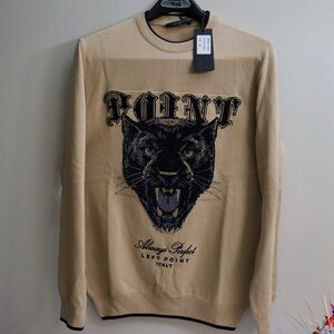 Left Point Beige Panther Crewneck Sweater With Rhinestone Design